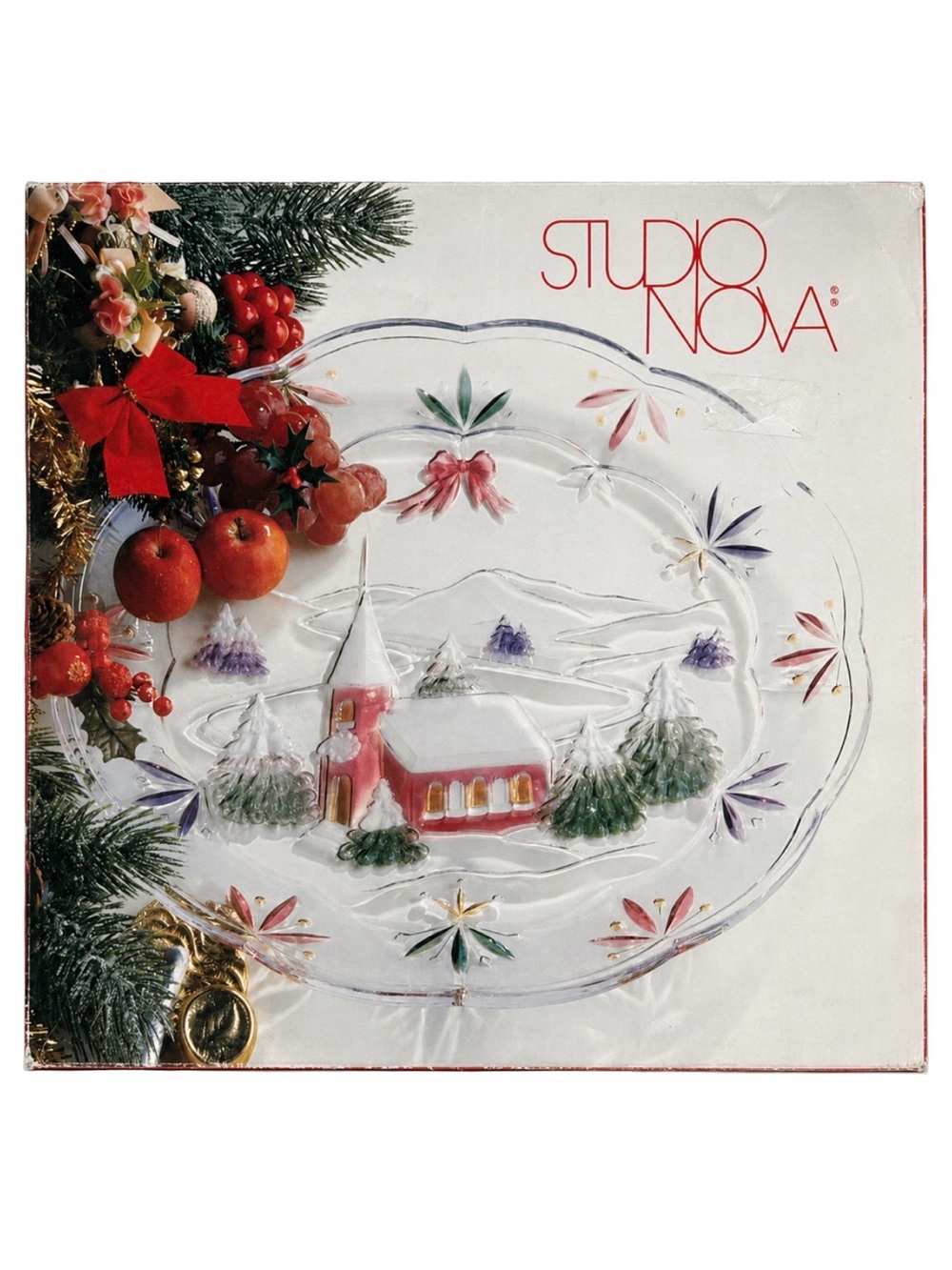 VTG Studio Nova Holiday Chapel Christmas Glass Platter 14.75" Winter Church NIB